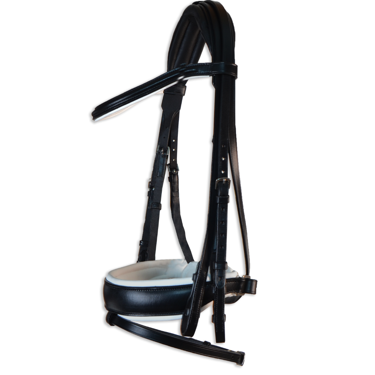 Cabezal inglés con doble rienda Los Nietos. Color negro- blanco. Equipamiento para el caballo. Producto de Guarnicionería
