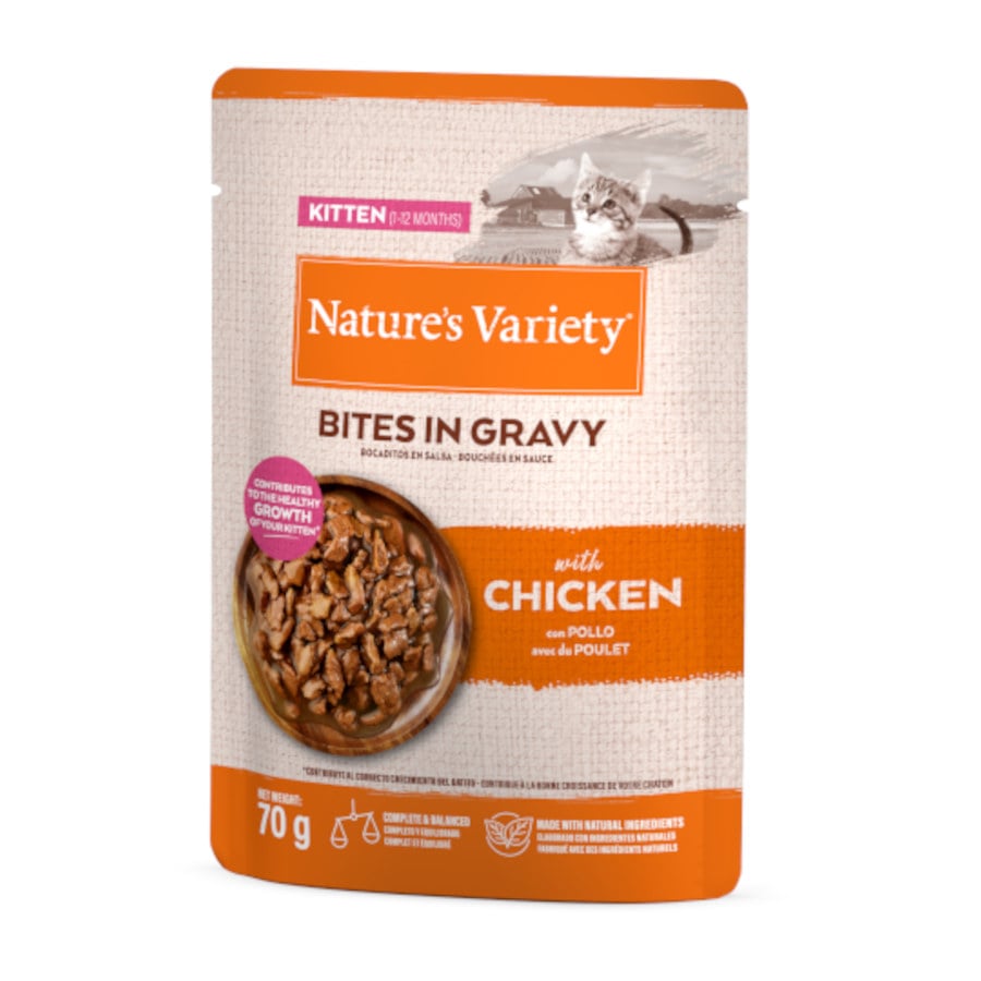 70 g Nature’s Variety Kitten Bocaditos de Pollo Sobre en Salsa para gatos