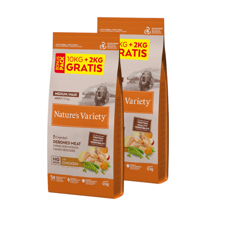 24 kg (20 + 4 kg ¡gratis!) Nature’s Variety No Grain Adult Medium Maxi Pollo pienso para perros ¡Pack ahorro!
