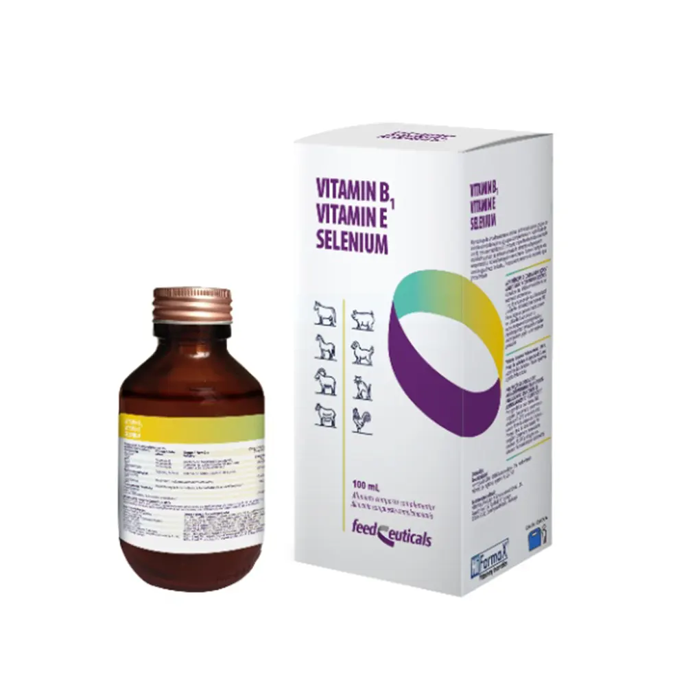 Vitamin B1 Vitamin E Selenium 100 ml suplemento formulado para corregir deficiencias de vitamina B1, vitamina E y selenio en diversas especies