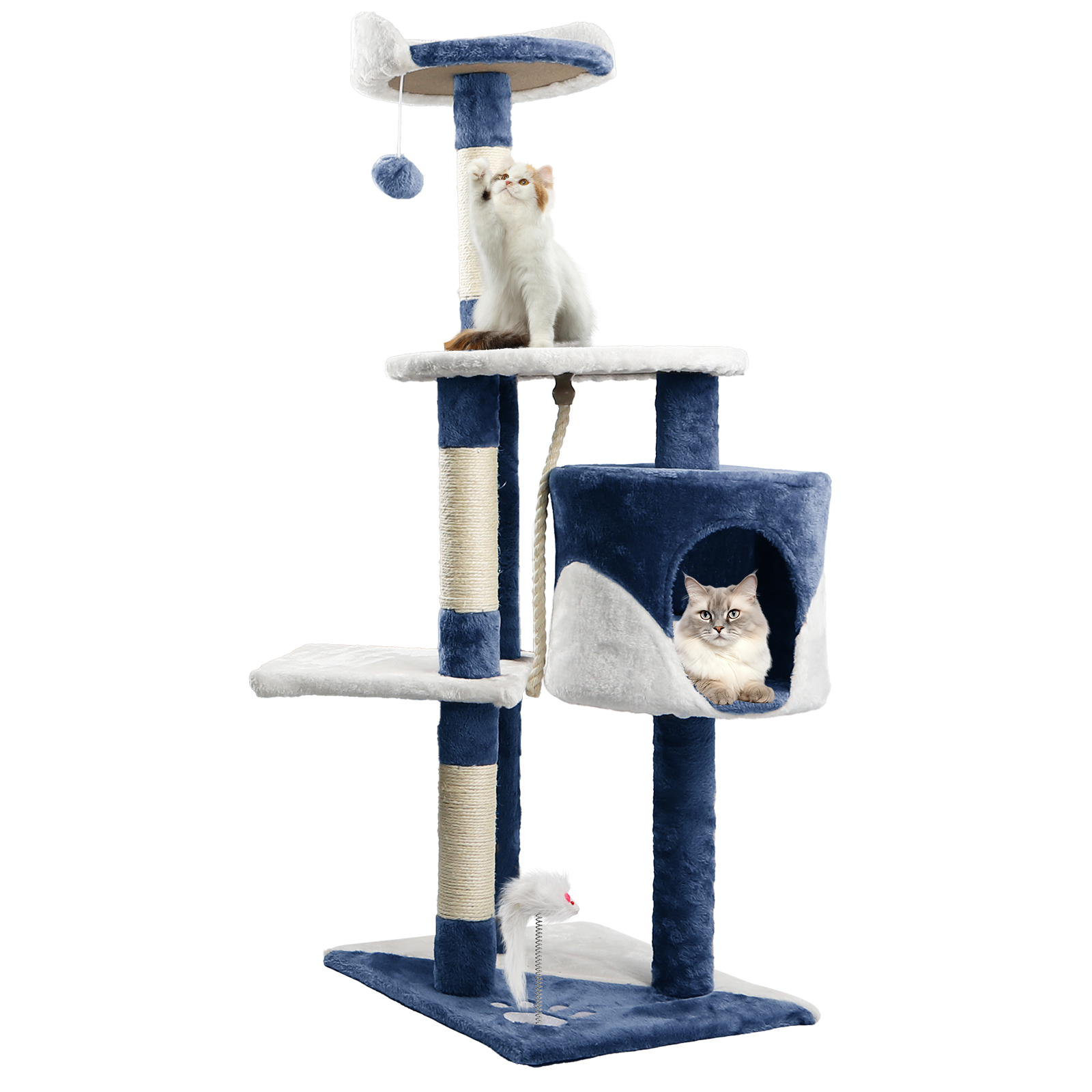 Nobleza Rascador para gatos, Altura 118.5 cm, Árbol Estable para Gatos, 4 Plataformas, 1 Cueva, 1 Pompón, 1 Peluche, Azul
