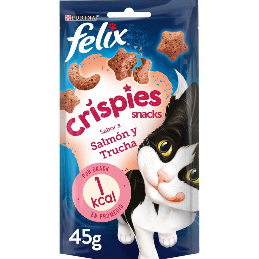 4 bolsitas x 45 g Felix Crispies Salmón y Trucha Bocaditos para gatos ¡Pack ahorro!