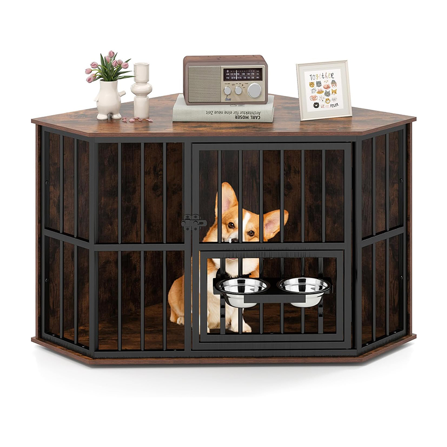 COSTWAY Jaula Esquinera para Perros, Comedero Ajustable con 2 Cuencos de Acero Inoxidable Rotativos 360°, Ahorra Espacio, Multifuncional para