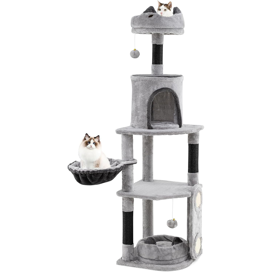 COSTWAY Rascador para Gatos de 144 cm, Árbol Rascador para Gatos de 5 Niveles con 3 Postes de Sisal para Rascar y Tablero, Condominio, Plataformas,
