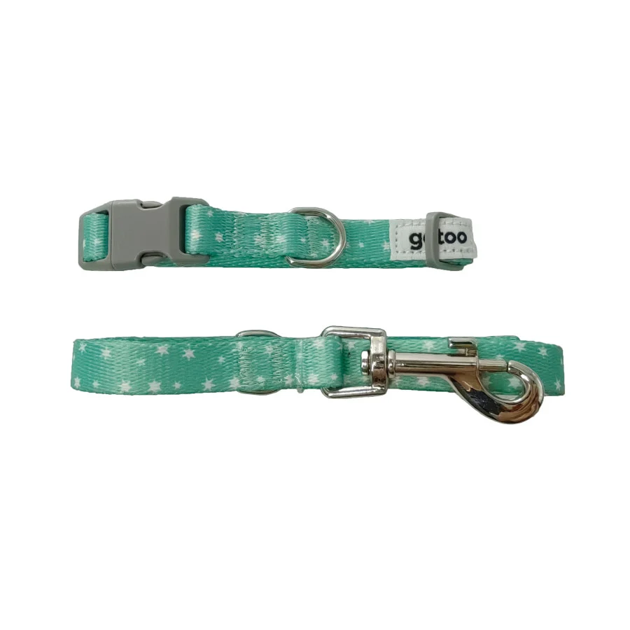 Gotoo Set Correa y Collar estampado con estrellas verde para perros