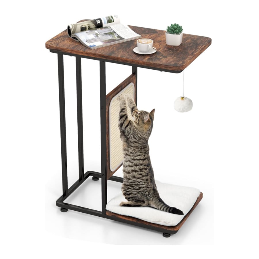 COSTWAY 4 en 1 Árbol para Gatos Y Mesa Auxiliar, en Forma de C con Tabla para Rascar, Cojín Lavable Extraíble y Juguete para Colgar, Muebles Modernos