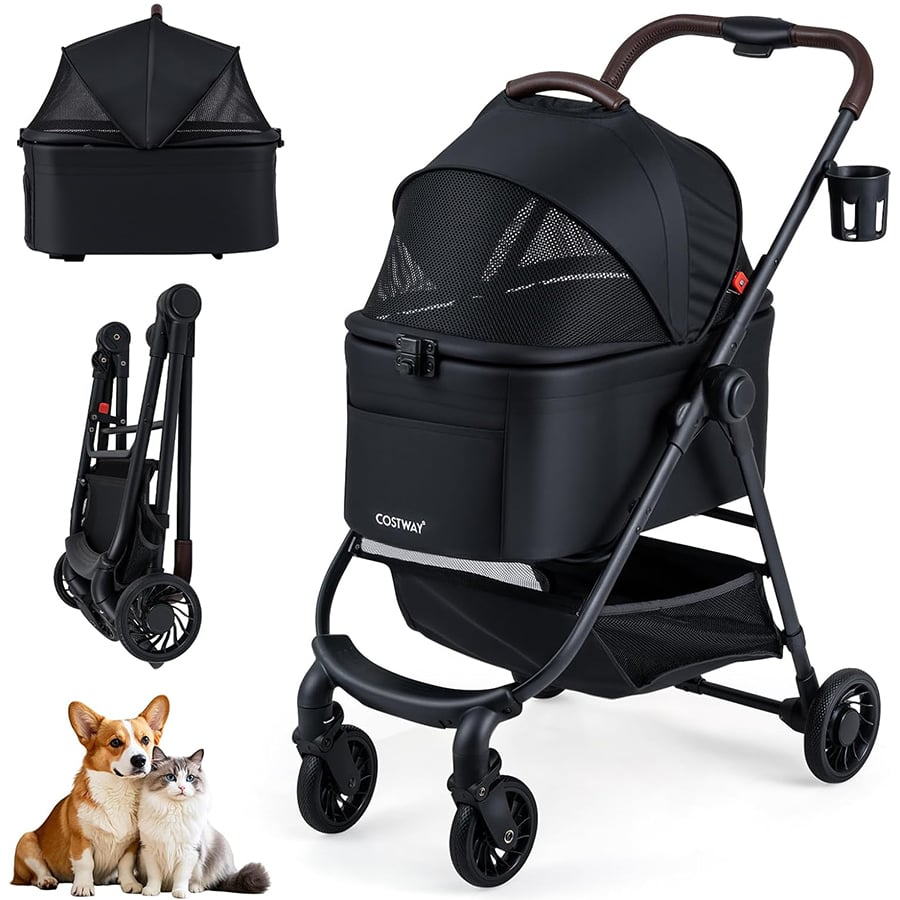 COSTWAY Carrito para Perros 3 en 1, Cochecito para Perros Plegable con Transportín Desmontable, Toldo de Malla Ajustable, Cesta, Portavasos, Carro