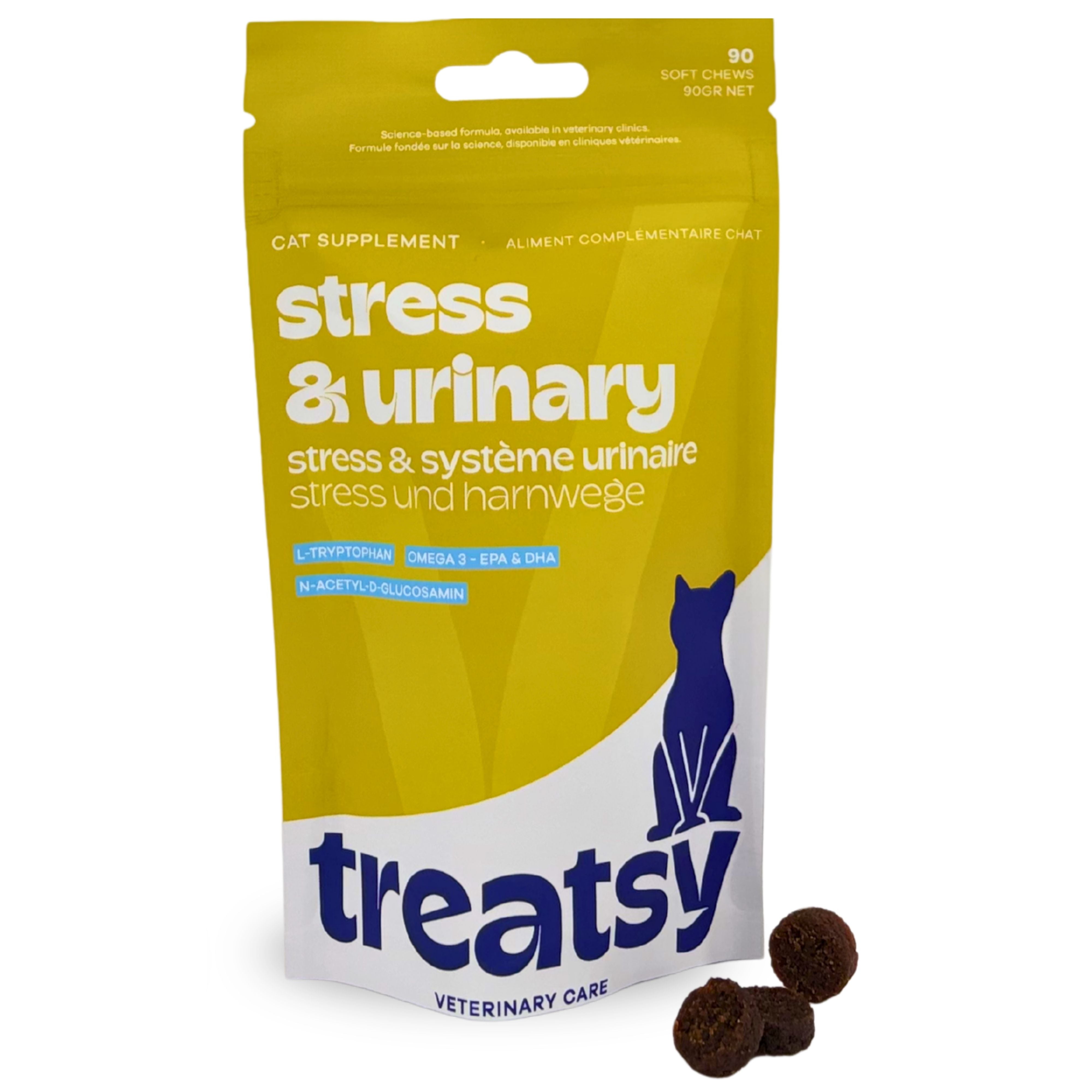 Treatsy Estrés & Urinario Gato – Complemento Veterinario Antiestres y Cistitis Idiopática Felina – L-Triptófano, Omega-3, N-Acetil-D-Glucosamina – 90