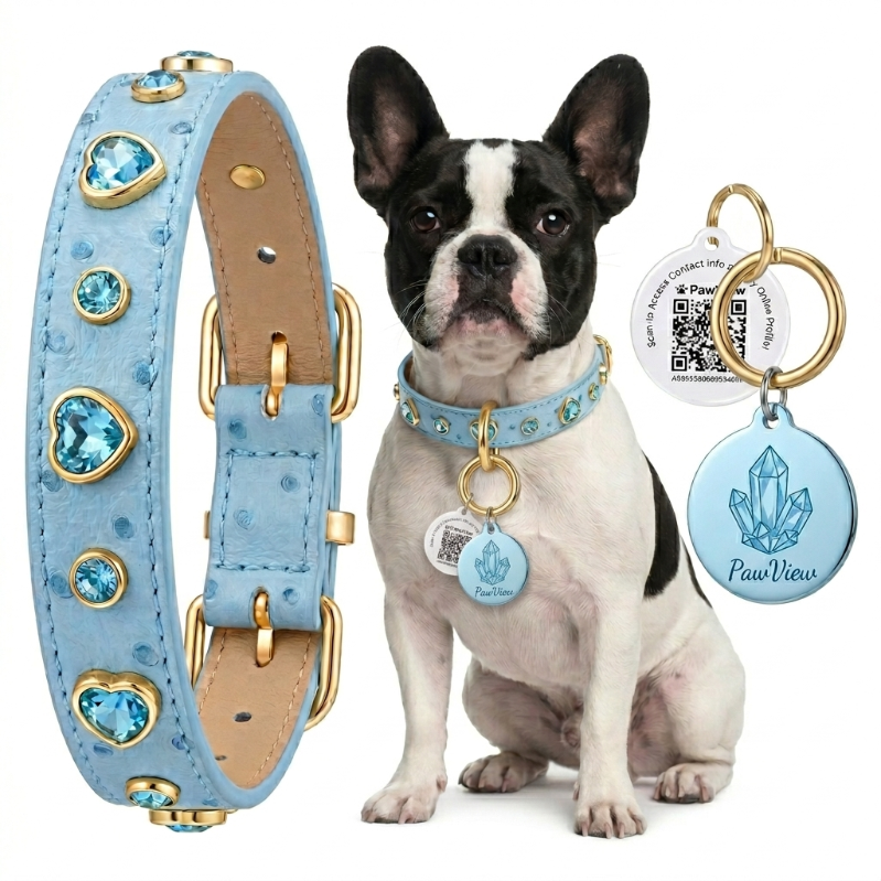 PawView Collar para Perro de Cuero Turquesa Claro con Cristales de Corazón y Placa de Identificación QR Inteligente – Elegante, Seguro y Ajustable