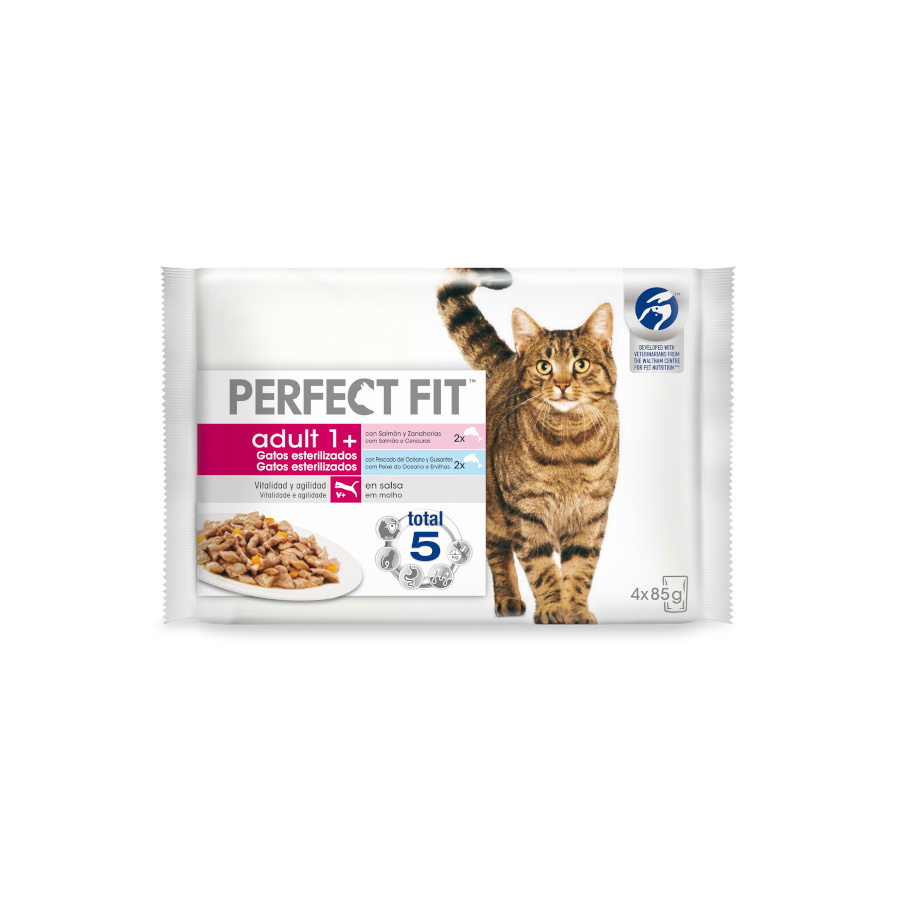 4 sobres x 85 g Perfect Fit Adult Sterelized Pescado sobre en salsa para gatos