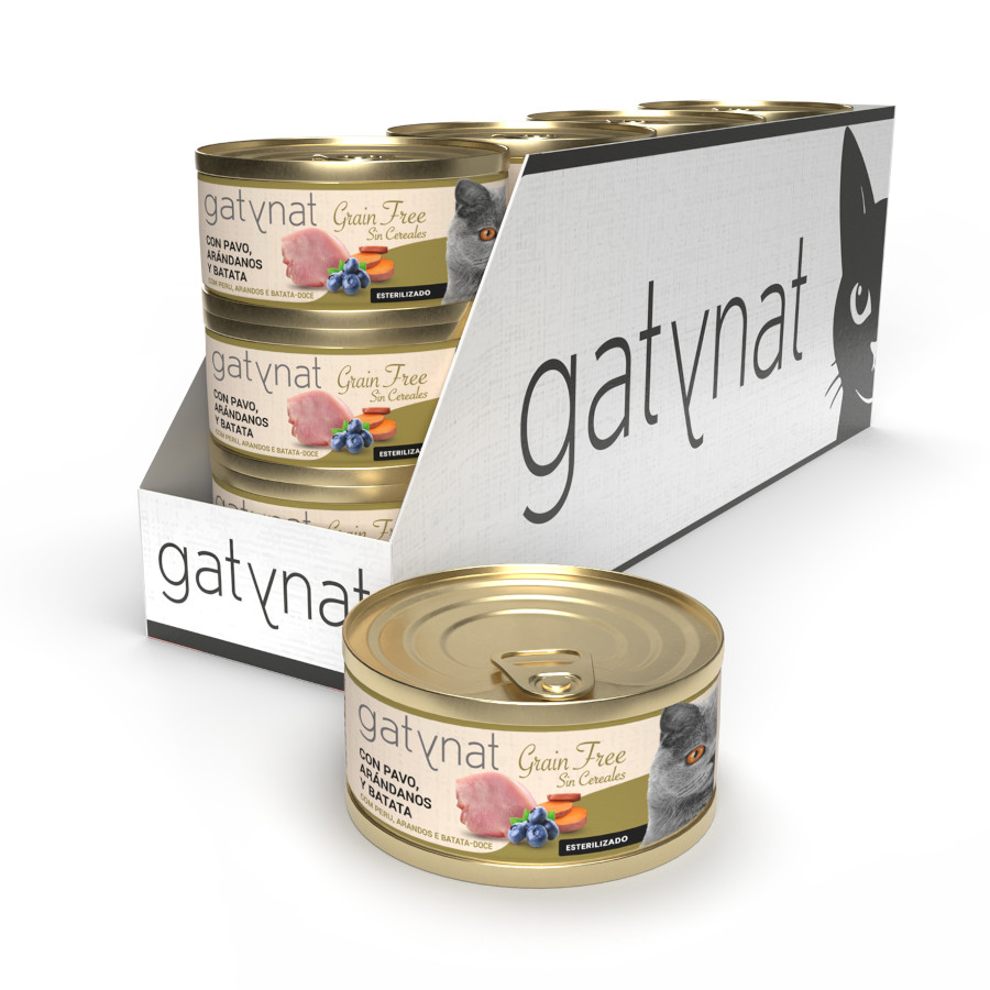 12 Latas x 85 g Gatynat Lata Grain Free Pavo, Arándanos y Batata para gatos – Pack ahorro