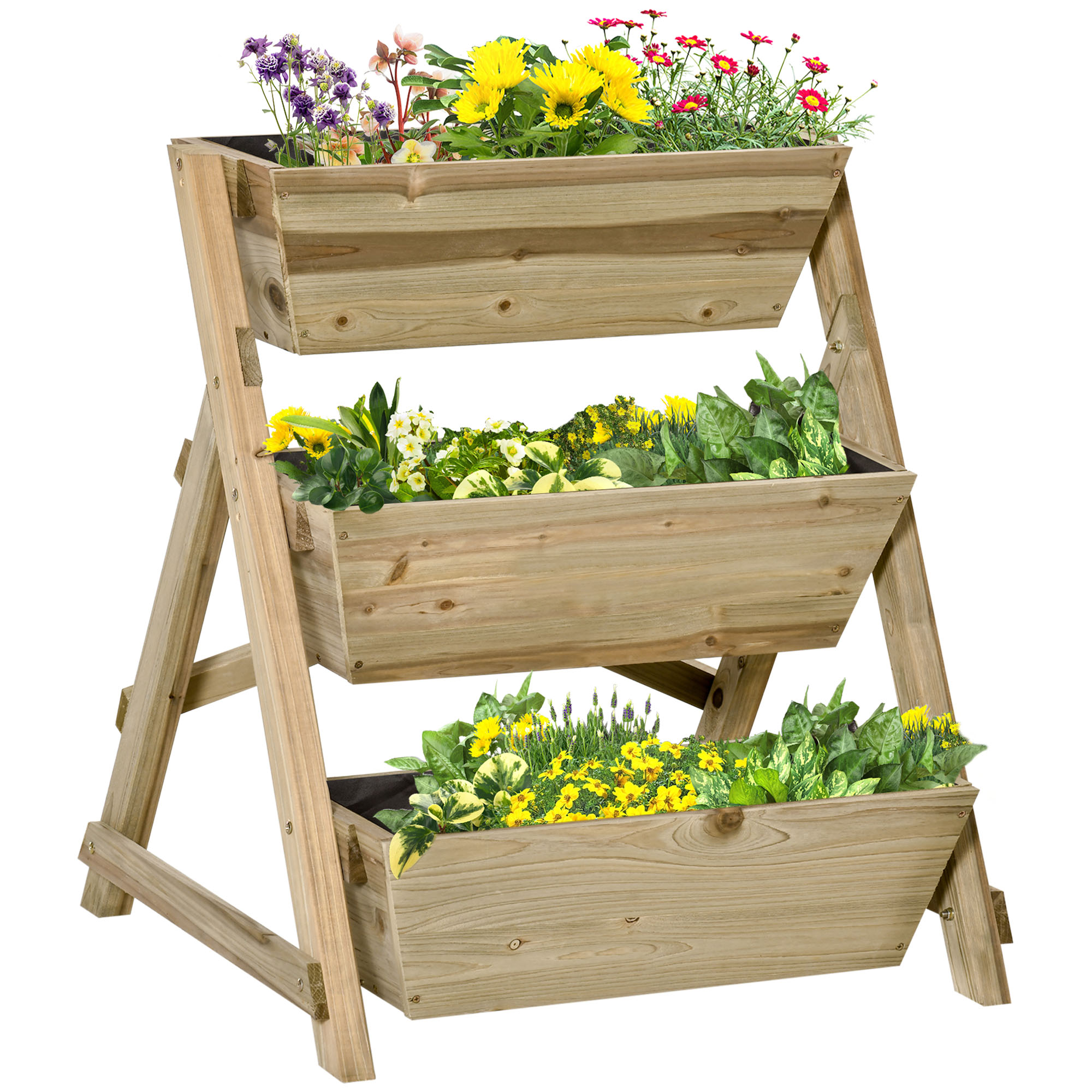 Outsunny Jardinera de Escalera de 3 Niveles Maceteros de Madera Jardinera Vertical con Tela no Tejida y Orificios de Drenaje Huerto Urbano para