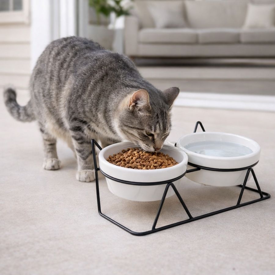 Leeby Comedero Doble de Cerámica Blanco para gatos