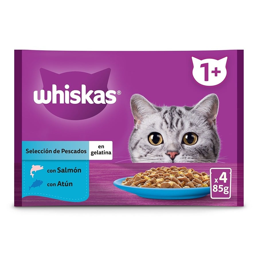 Whiskas – Comida húmeda para gatos + 1 año Whiskas Selección Pescados en gelatina 4 x 85 g. 340 g
