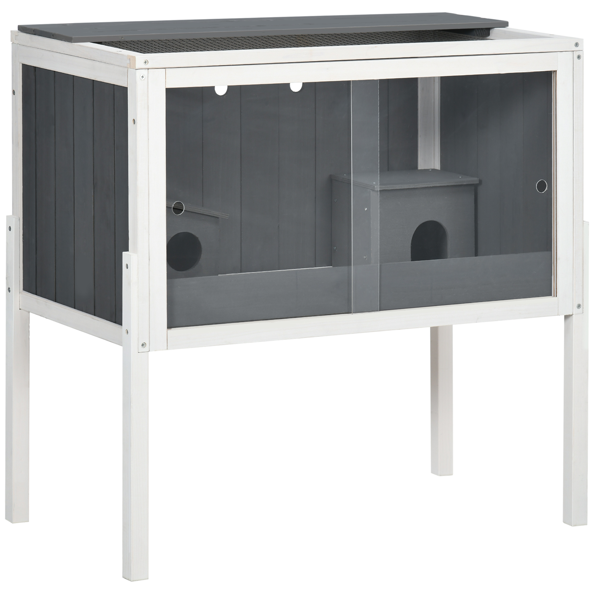 PawHut Jaula para Hámster de Madera 82x45x81 cm Casa para Roedores con 2 Puertas de Acrílico Estante Extraíble 2 Casitas para Animales Pequeños Gris