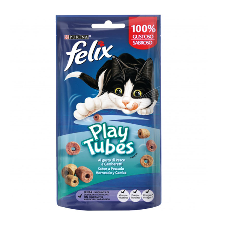 2 bolsitas x 50 g Felix Play Tubes Pescado y Gambas Bocaditos para gatos ¡Pack ahorro!