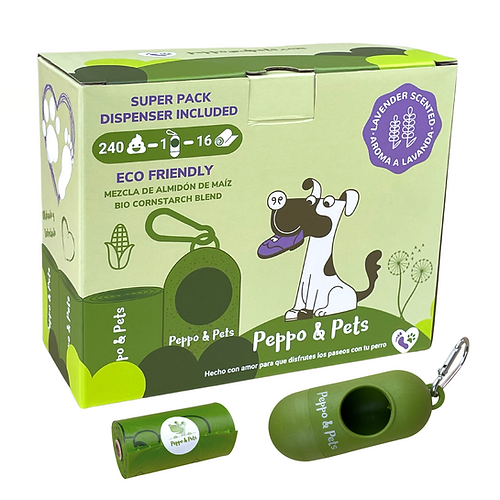 Peppo and Pets – 240 Bolsas Biobasadas para recoger cacas de perro + 1 Dispensador de caña de bambú- Muy resistentes- Con aroma a lavanda