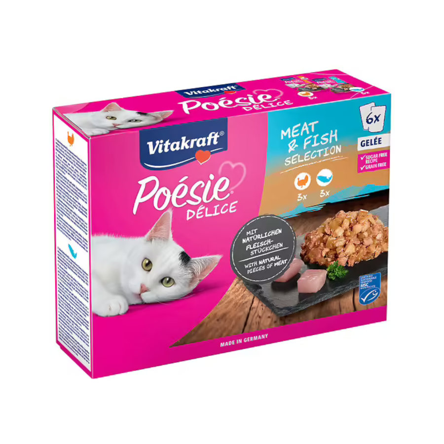 12 sobres x 85 g Vitakraft Poésie Délice Selección de Carne y Pescado Sobre en Gelatina para gatos ¡Pack Ahorro!