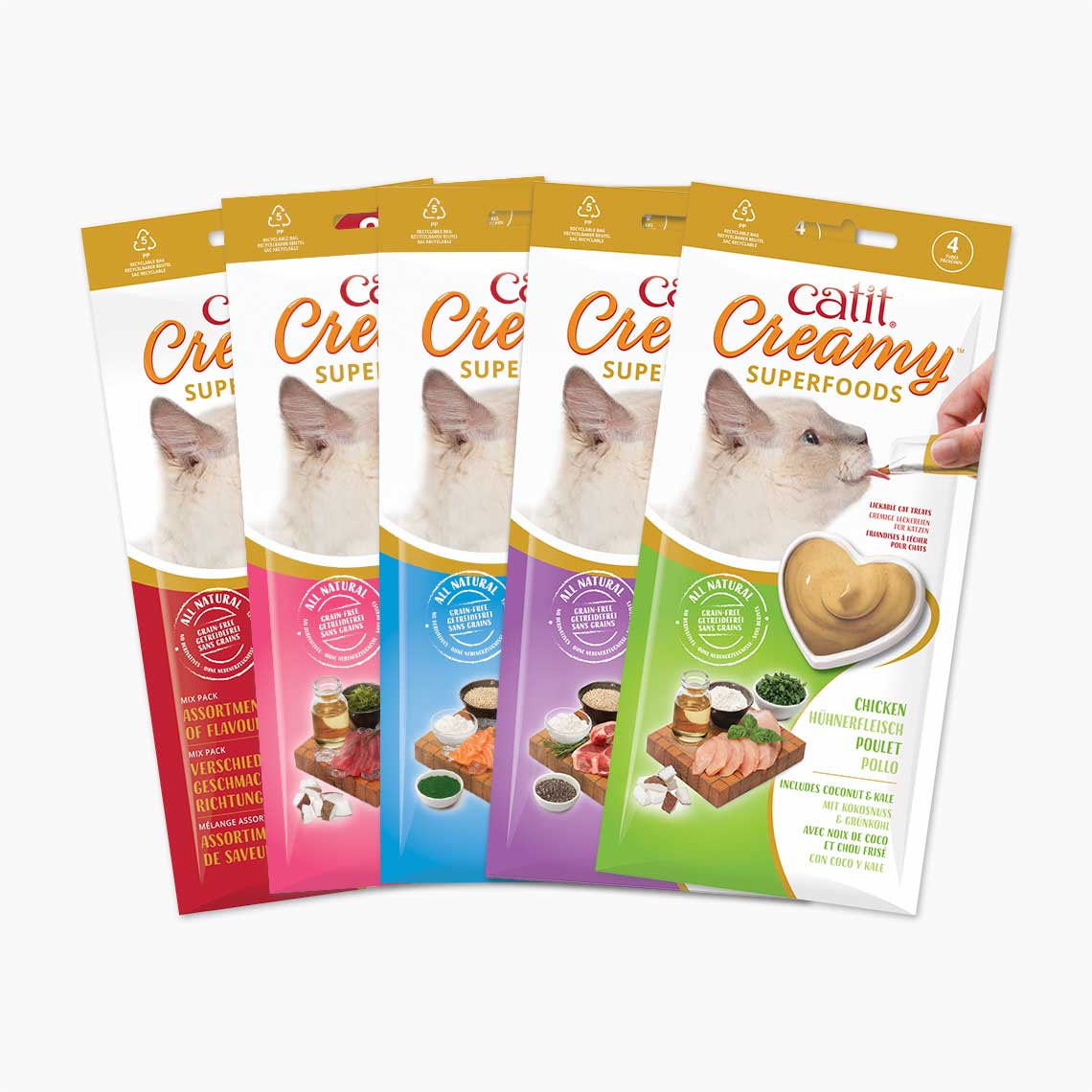 Snack liquido para gato Catit creamy con superalimentos pollo con Coco y Kale, 4x10g