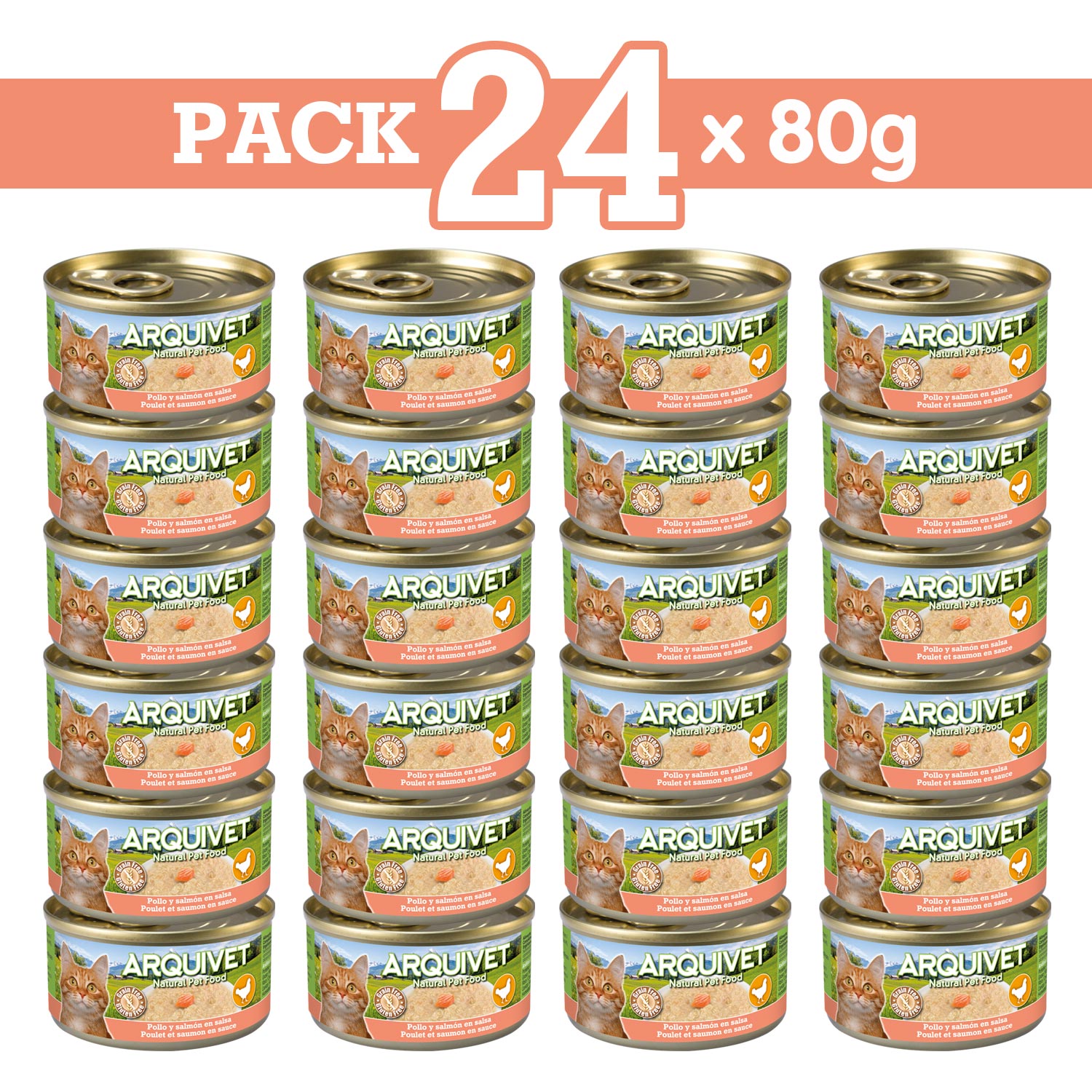 PACK 24 LATAS Pollo en salsa con Salmón 80gr.