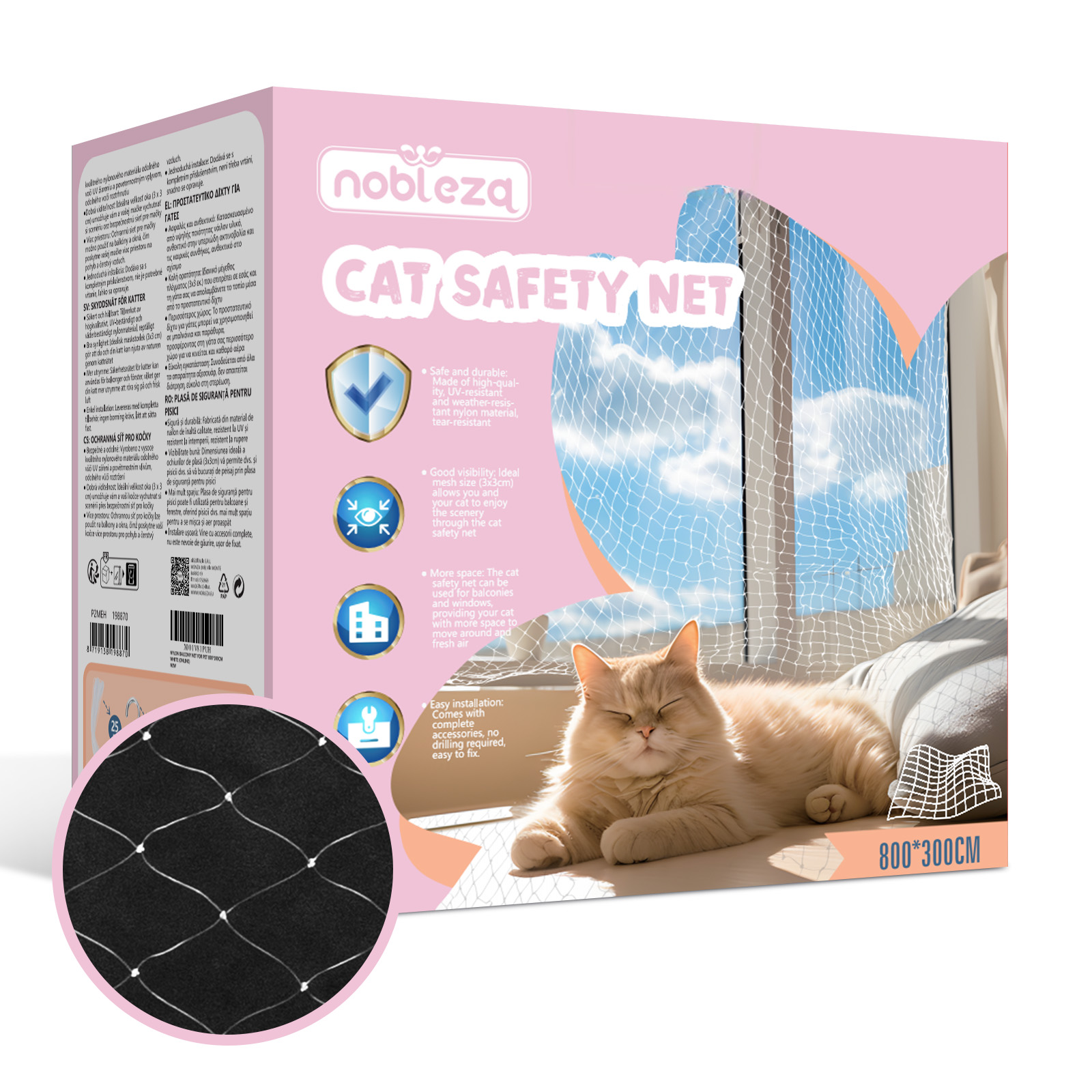 Nobleza Red Gatos Terraza 8x3m, Transparente Red para Gatos, Red Protección para Gatos Apto para Interior o Exterior Balcón Ventana Patio Escaleras,