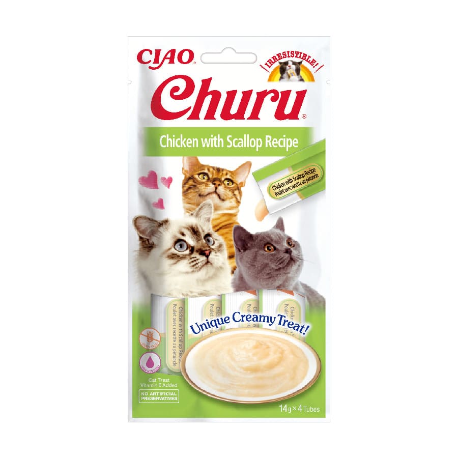 4 sobres x 14 g Churu Snack Cremoso de Pollo y Vieiras para gatos