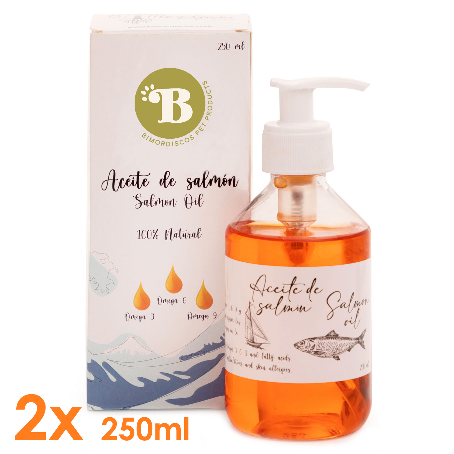 BIMORDISCOS Pack 2 x 250 ml Aceite de Salmón para Perros y Gatos