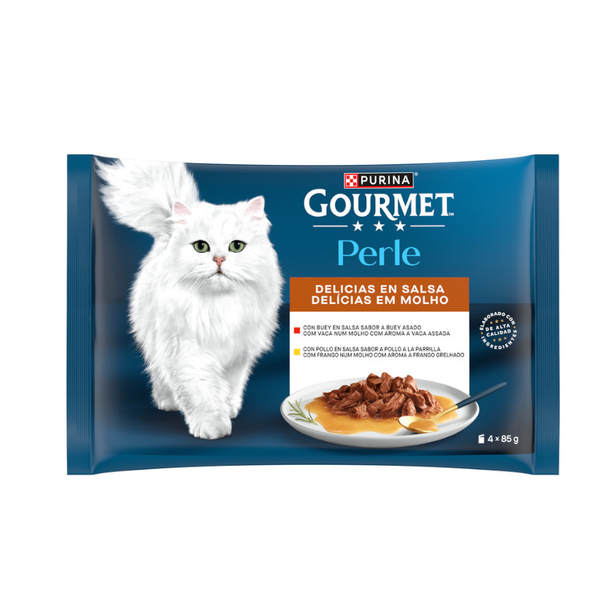 12 sobres x 85 g Gourmet Perle Filetes de Pollo y Buey en salsa sobre para gatos ¡Pack ahorro!