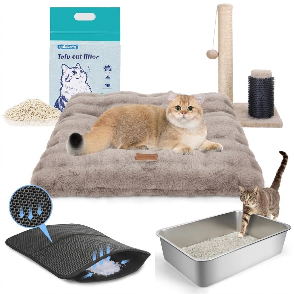 Nobleza Kit de Inicio para Gatos: Arenero de Acero Inoxidable, Alfombra Antideslizante, Arena de Tofu 2.5kg, Rascador con Sisal y Cama Lavable