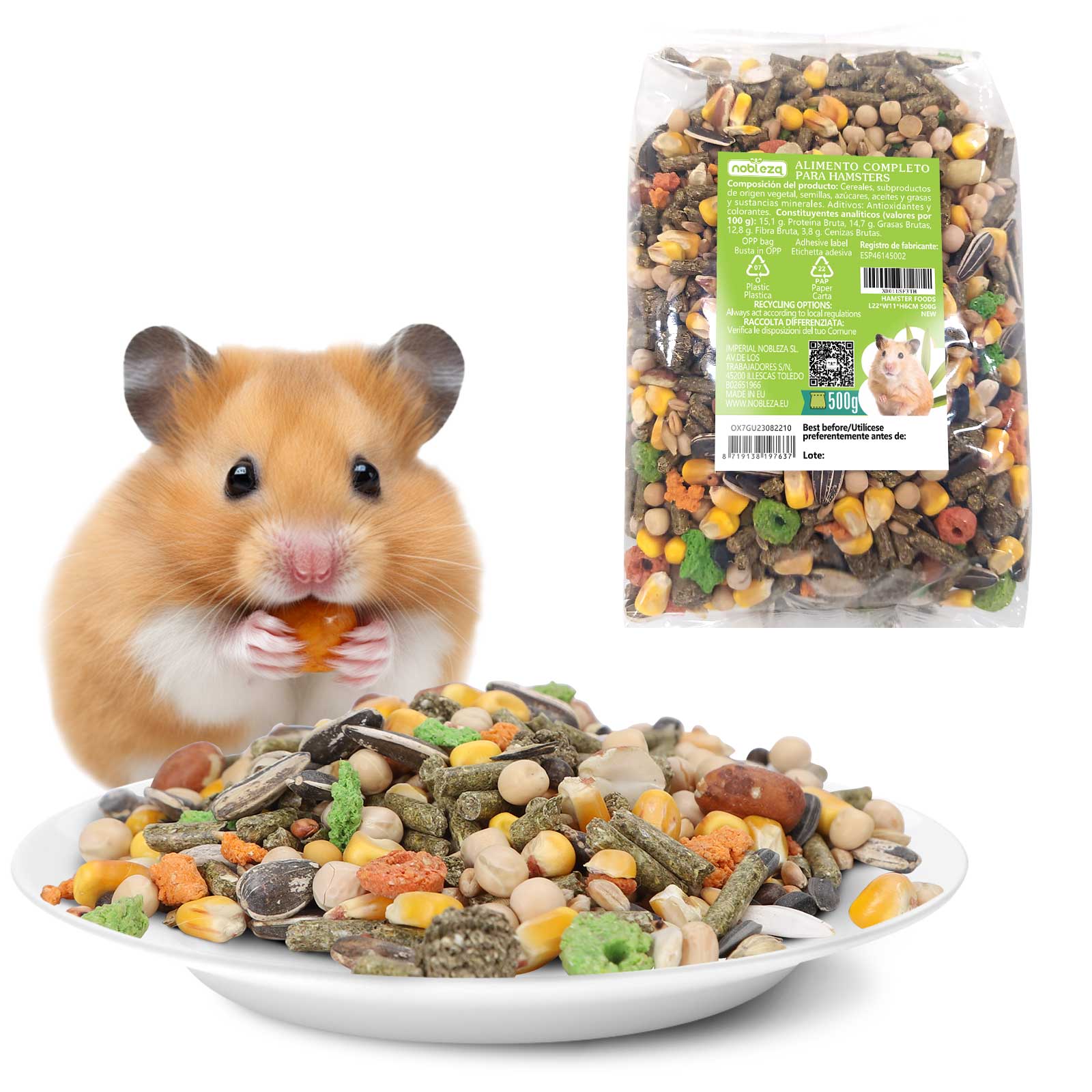 Nobleza - (500g) Comida para Hámsters, Pienso Premium para Hámsters Enanos, Alimento Sana y Sabrosa para Ratones, Desgaste de los Dientes y Salud