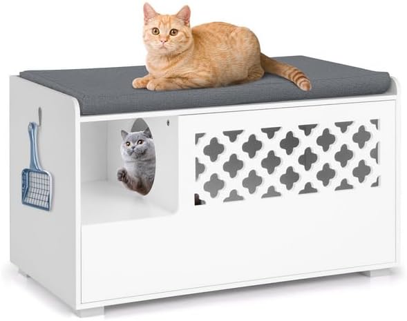 COSTWAY Cajas de Arena para Gatos, Banco con Arenero y Cojín Extraíble, Entrada para Gatos y Puerta Abatible, Mueble Ocultador de Arenero para Gatos