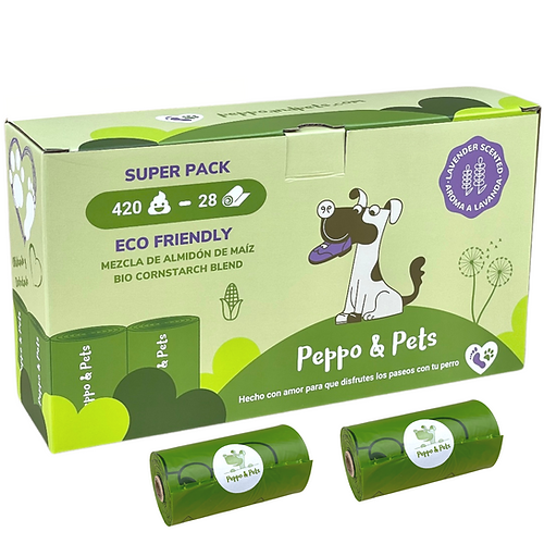 Peppo and Pets – 420 Bolsas Biobasadas aroma a lavanda muy resistentes para cacas de perro