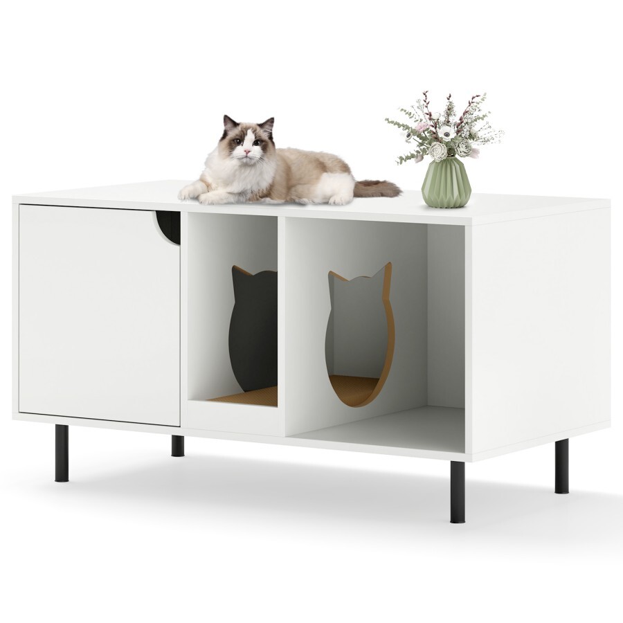 COSTWAY Caja de Arena para Gatos para 2 Gatos, 100 cm Baño Oculto para Gatos con Tablero de Rascado Desmontable, Patas Metálicas, Casa para Gatos de