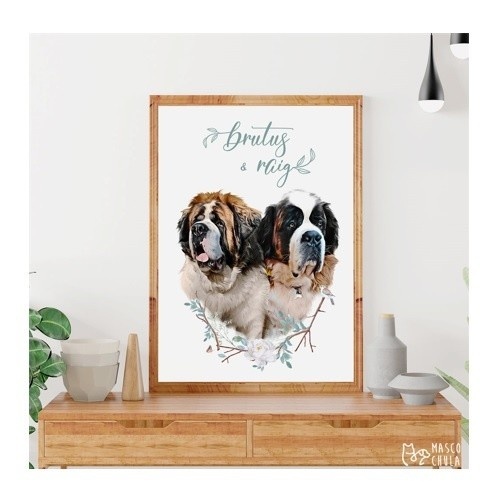 Mascochula doble retrato realista personalizado en lámina con tu mascota