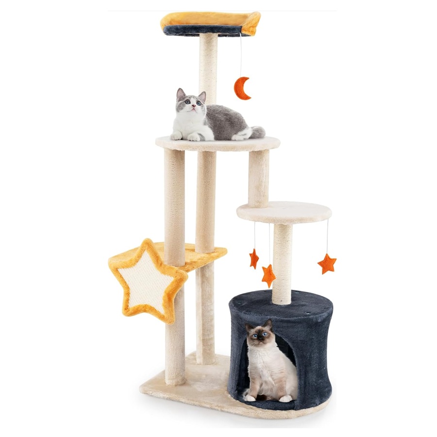 COSTWAY Árbol para Gatos de 128 cm, Torre para Gatos con Postes Rascadores de Sisal, Condominio, Plataforma de Felpa, Juguetes Colgantes, Árbol