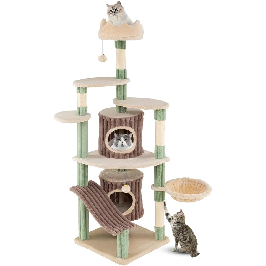 COSTWAY 163 cm Árbol Rascador para Gatos, Torre Rascador para Gatitos con Múltiples Plataformas Acolchadas, 2 Condos, Poste de Sisal, Bolas Colgantes,