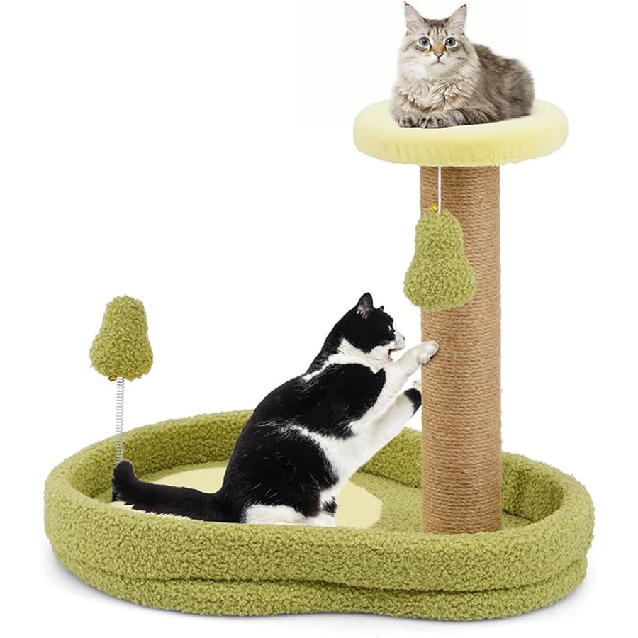 COSTWAY Rascador para Gatos, Torre para Gatos de 2 Niveles con Tema de Aguacate, Juguete con Resorte Postes de Rascado de Yute, Base Ancha
