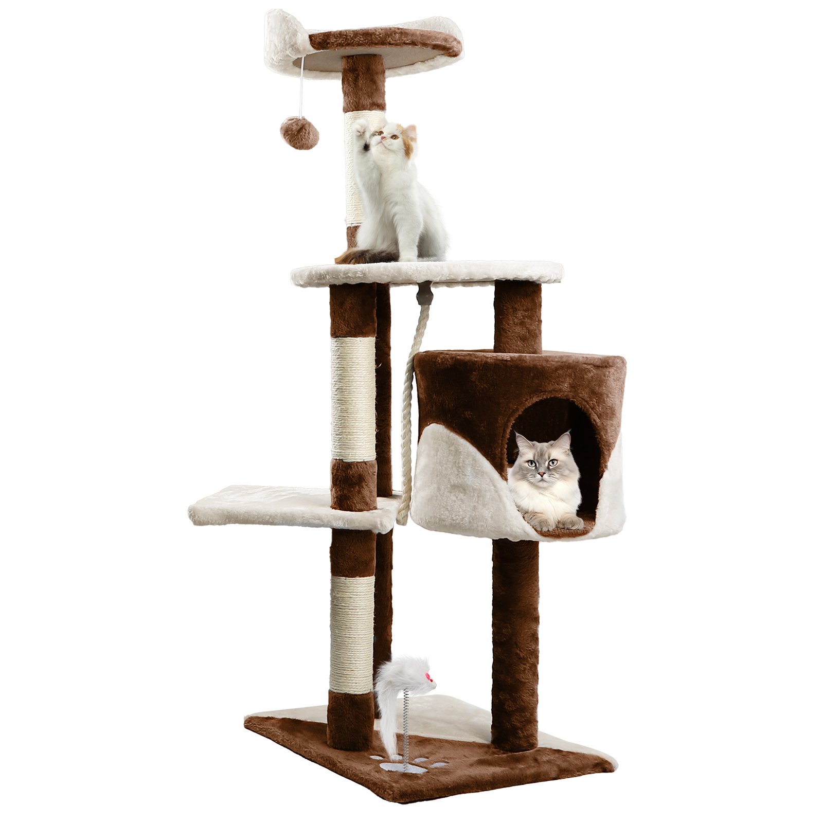 Nobleza Rascador para gatos, Altura 118.5 cm, Árbol Estable para Gatos, 4 Plataformas, 1 Cueva, 1 Pompón, 1 Peluche, Marrón
