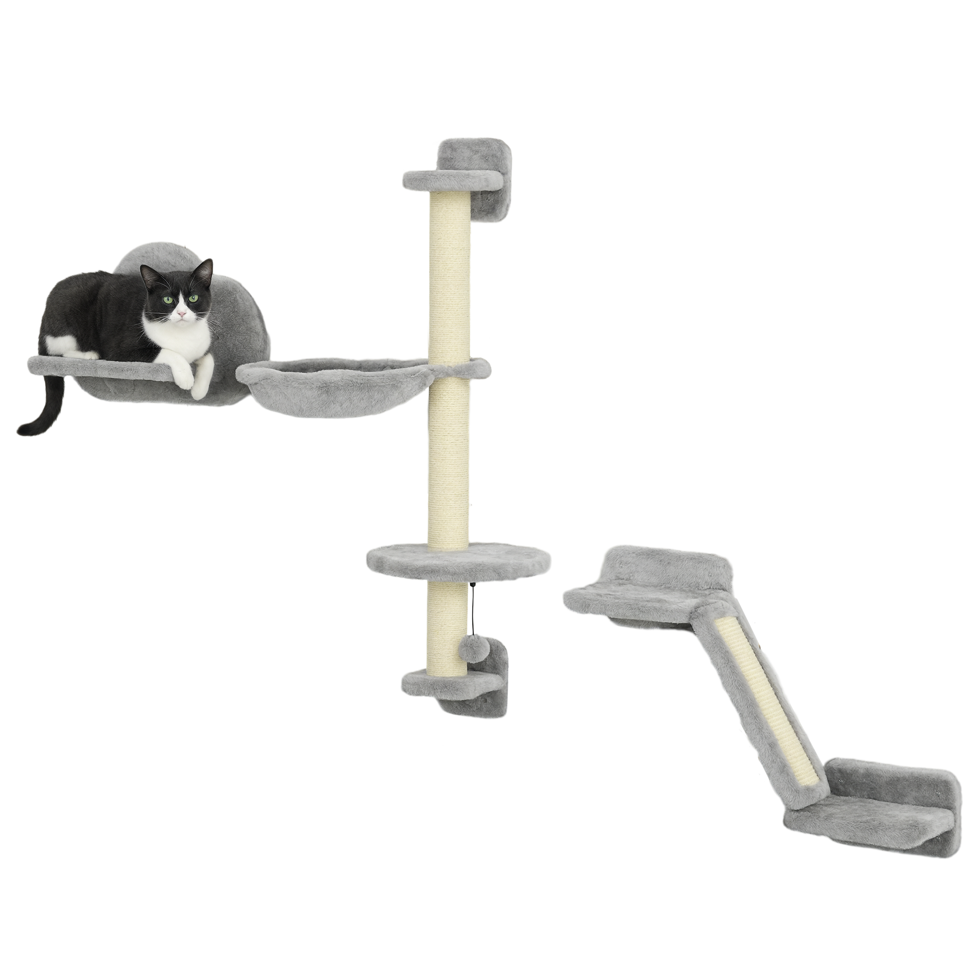 PawHut Juego de Pared de Escalada para Gatos de 3 Piezas, Estanterías de Pared para Gatos con Hamaca, Rampa con Rascador, Plataforma en Forma de Nube