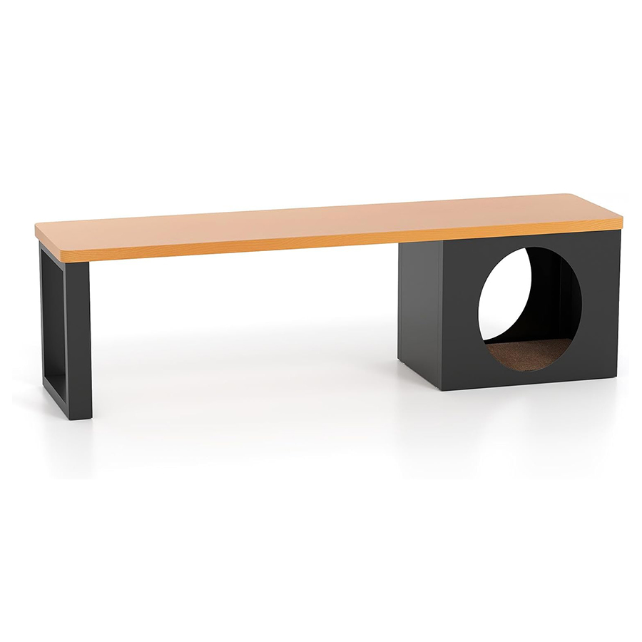 COSTWAY Banco de Exterior de 150 cm con Casa para Gatos, Banco Largo de Metal con Agujero para Gatos y Almohadilla Rascadora, Soporte 450 kg para 3