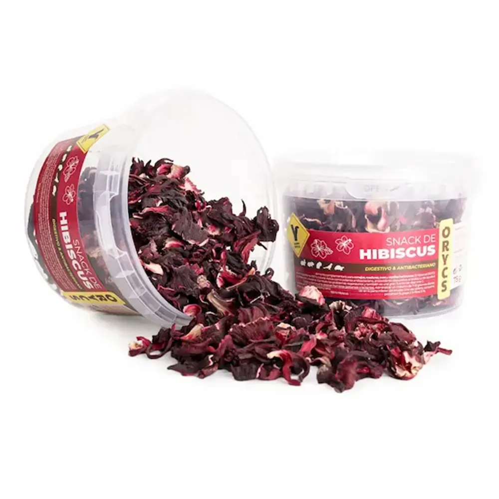 Snack Hibiscus ORYCS alimento complementario para conejos, roedores, aves y reptiles herbívoros 80 g