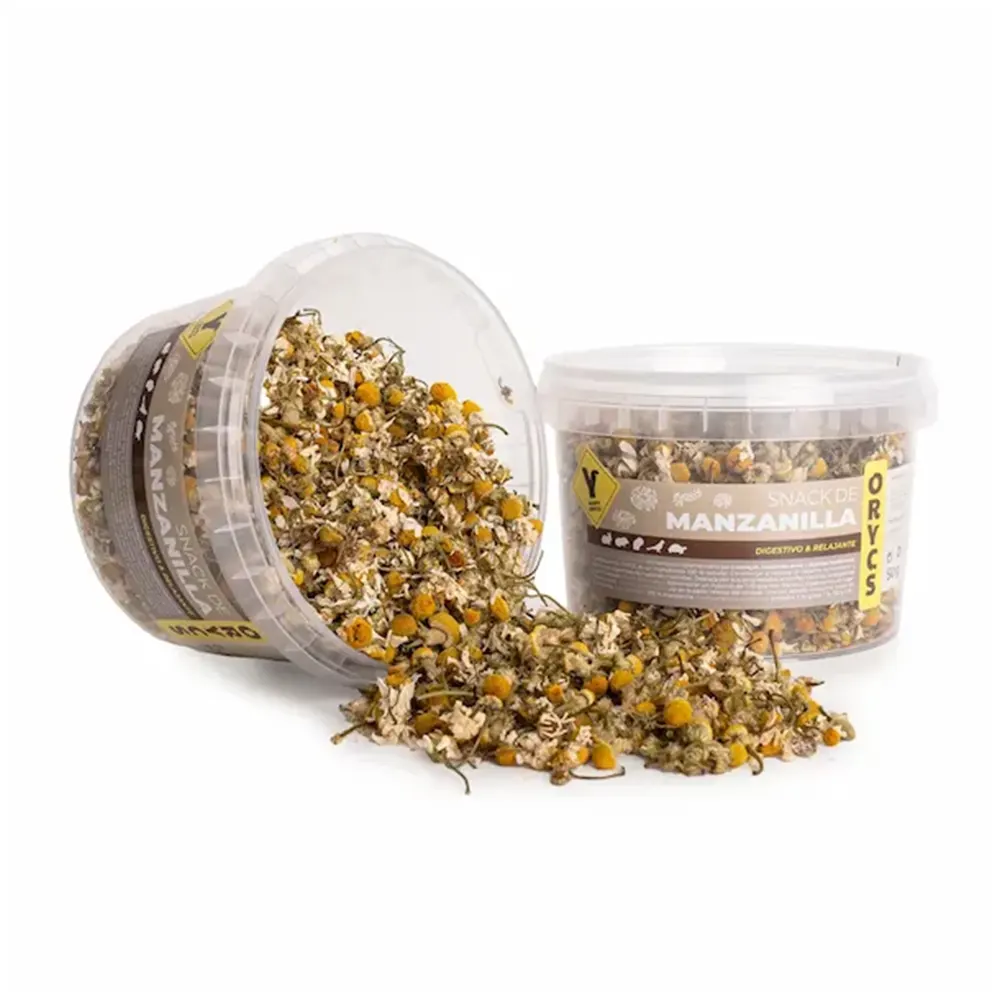 Snack Manzanilla ORYCS alimento complementario para conejos, roedores, aves y reptiles herbívoros 50 g