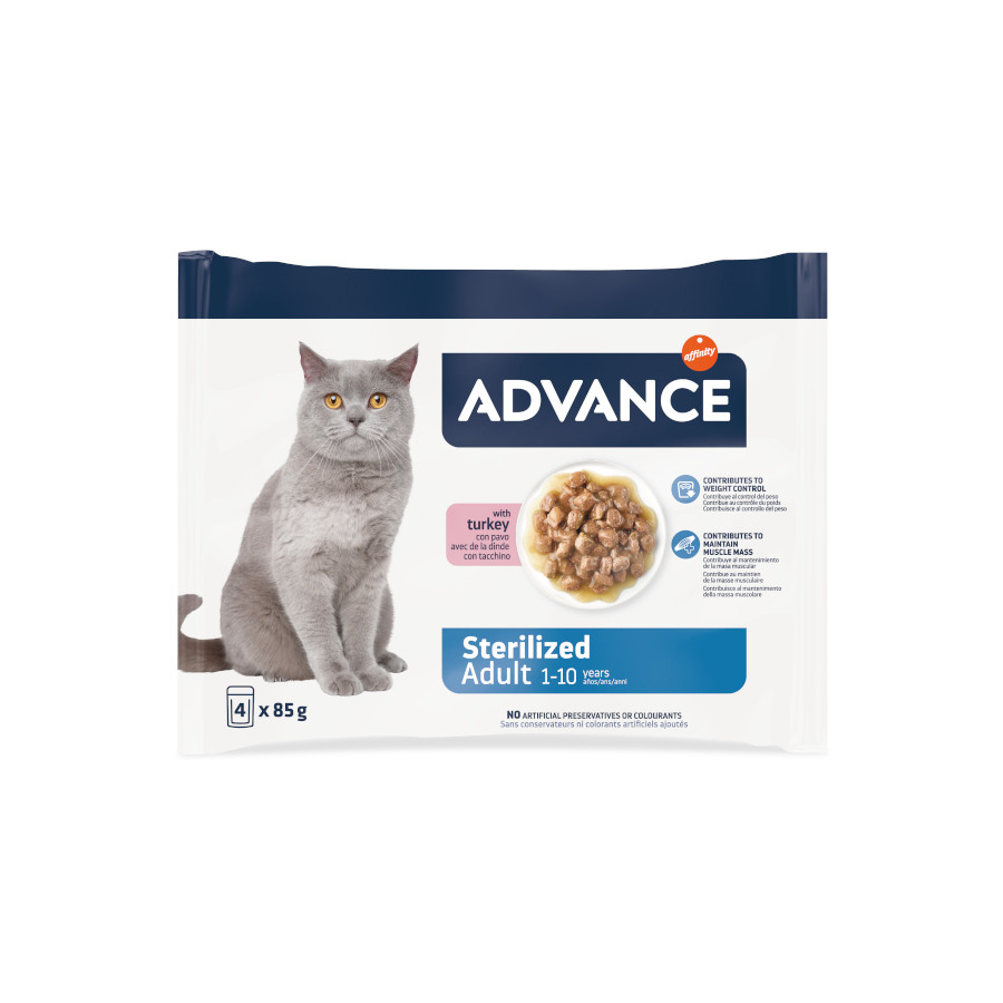 4 sobres x 85 g Advance Adult Sterilized Pavo en salsa sobre para gatos ¡Pack ahorro!