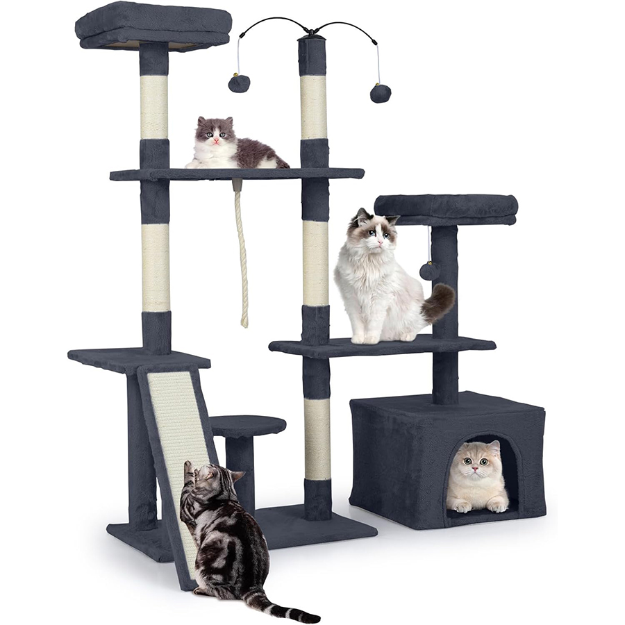 COSTWAY Árbol Rascador para Gatos de 136 cm, Castillo para Gato con Postes de Sisal, Rampa, 2 Posaderos Acolchados, Condo Grande, Bolas Colgantes,