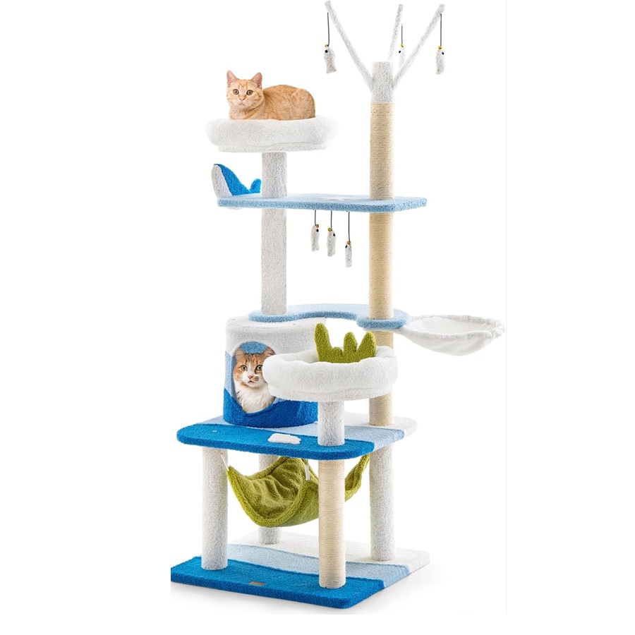 COSTWAY Árbol para Gatos con Temática Oceánica, Torre para Gatos de Varios Niveles con Rascadores Cubiertos de Sisal, Condominio, Percha, Hamaca,