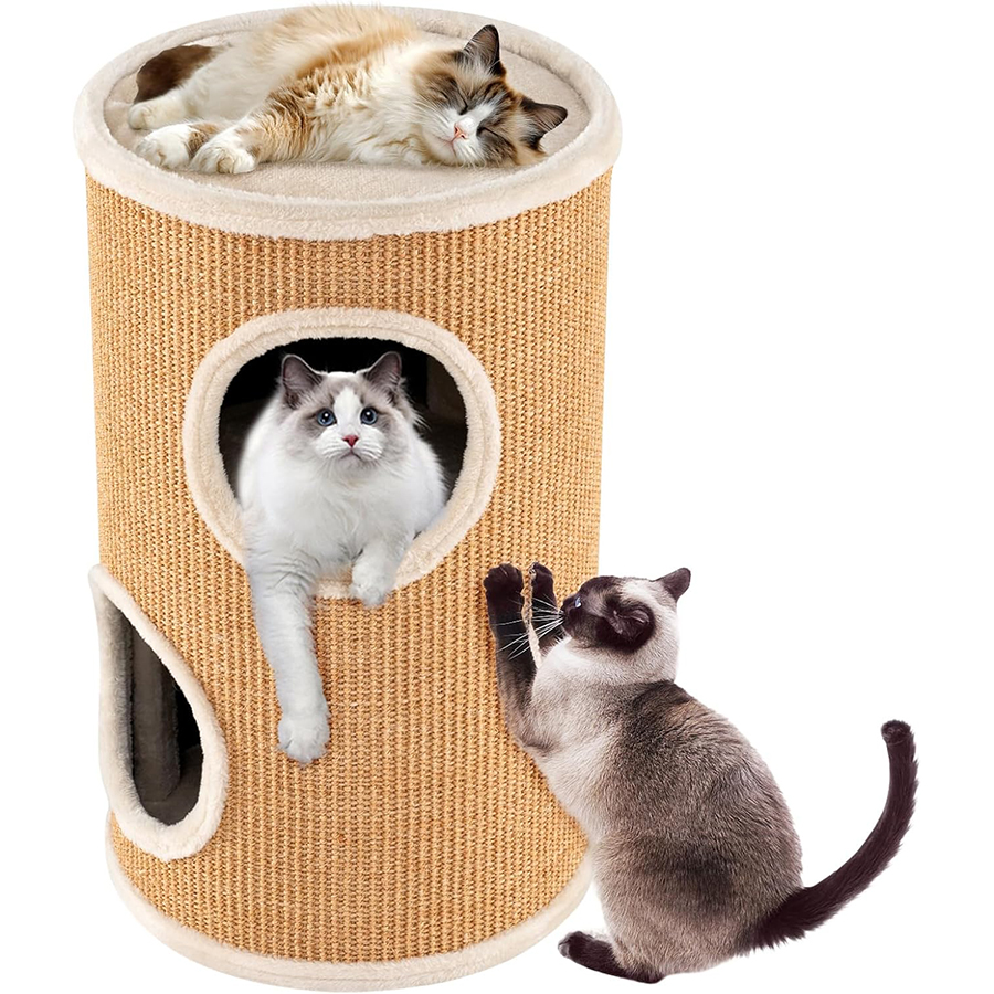 COSTWAY Barril Rascador para Gatos de 3 Niveles, 60 cm Torre Gato Rascador con Almohadilla para Rascar de Sisal, Cama Acolchada, Condominio para Gato