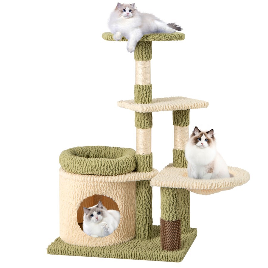 COSTWAY Árbol para Gatos de 97 cm, Torre Multinivel Estética para Gatitos con Condo, Cama, Postes de Rascado de Sisal, Auto-Cepillo, Hamaca, Percha,