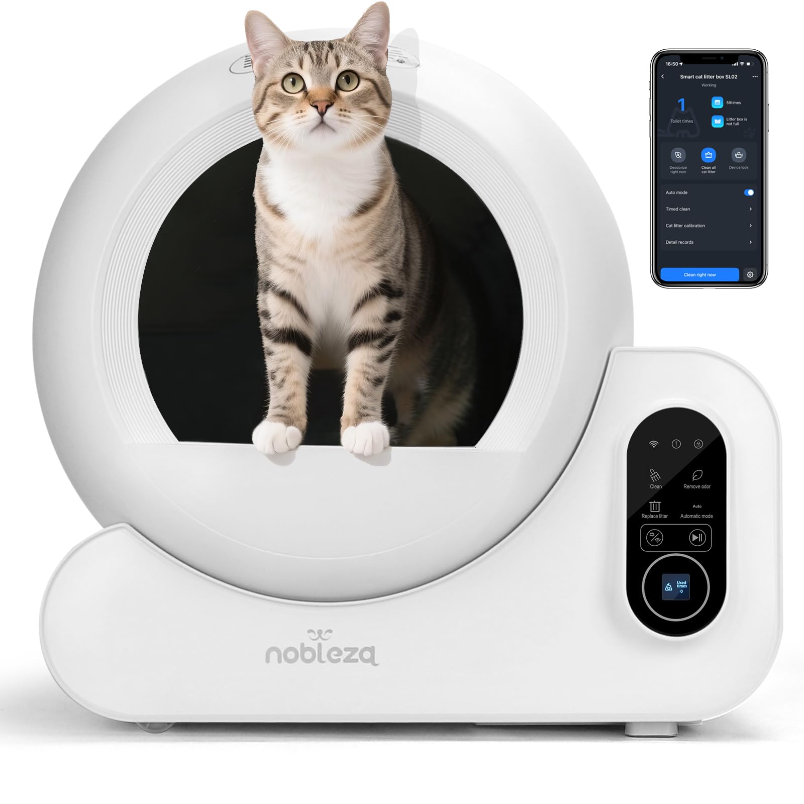 Nobleza - Arenero Autolimpiable para Gatos 70L con Triple Eliminación de Olores, Control por App y Sensores Avanzados, Diseño Antifugas y Protección