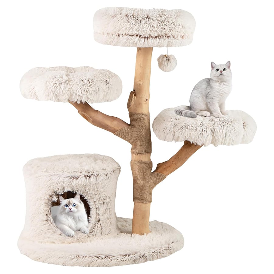 COSTWAY Árbol para Gatos Moderno de Madera Maciza, 102 cm Torre Gatos Rascador Acolchado con Felpa Extra Suave, Rascador para Gatito, 3 Plataformas,