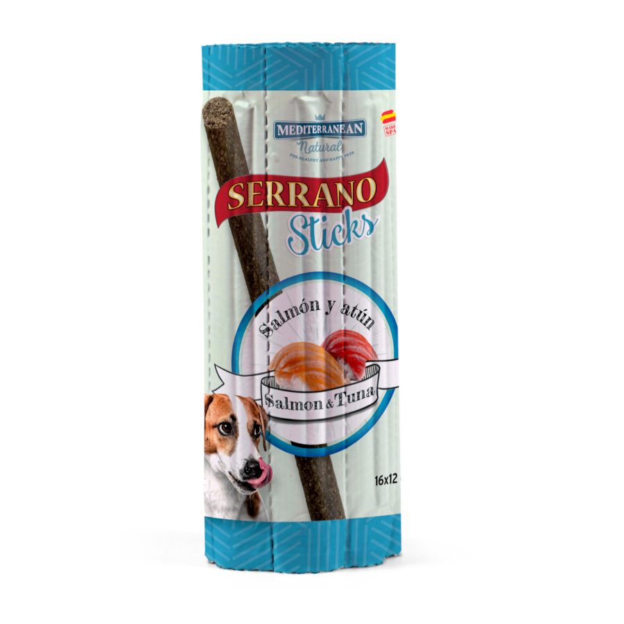 16 barritas Mediterranean Natural Serrano Barritas de Salmón y Atún para perros